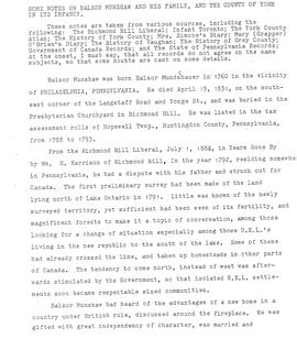Some notes on Balsor Munshaw and his family and the County of York in its infancy, ca. 1980