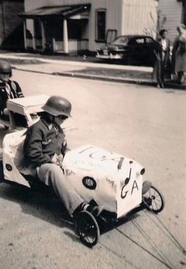 Richard's first car, built for soap box derby, n.d.