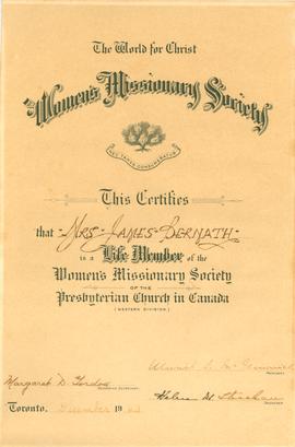 Mrs. James Bernath Women's Missionary Society Certificate, 1943